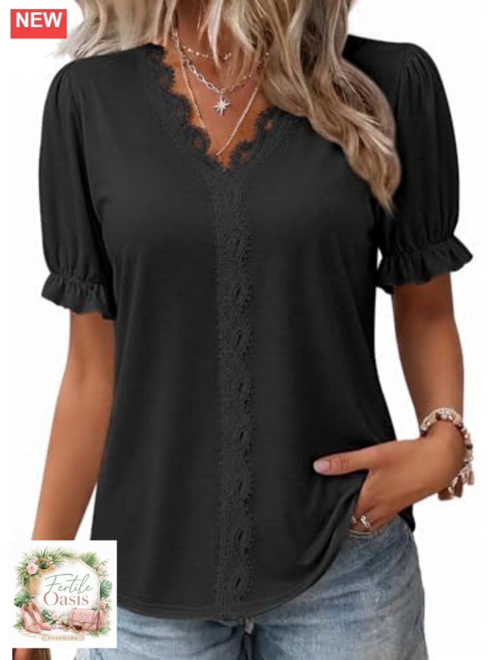 Women's Ruffle Puff Sleeve Blouse V-Neck Lace Trim Short Sleeve Top